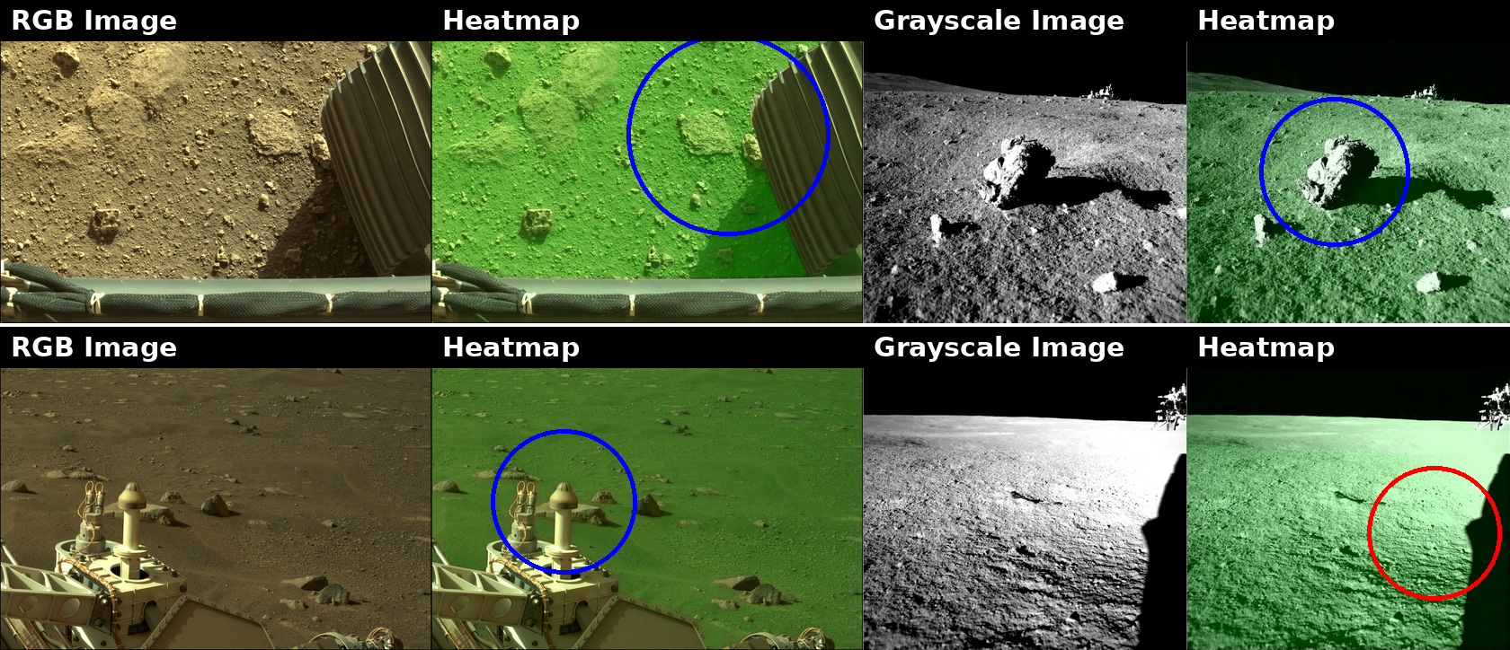 VLM heatmaps on Mars and Moon rover imagery
